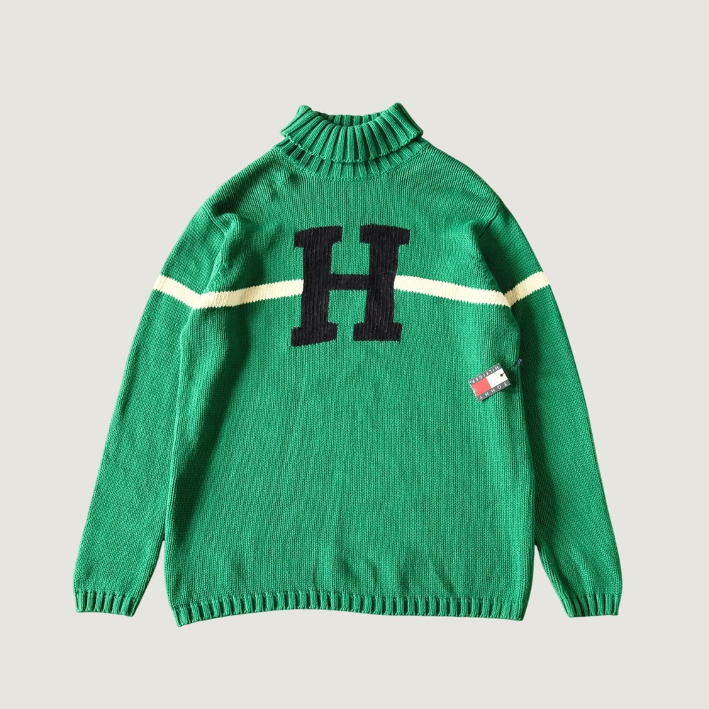 Tommy Hilfiger Sweater Turtleneck Green Varsity H Logo Oversize Knit Womens L